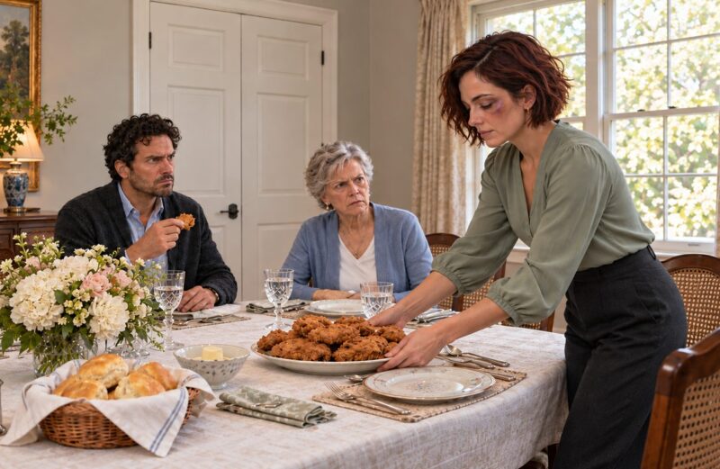 Il marito era certo che la moglie intimorita avrebbe continuato a tacere, mentre lei preparava la colazione per lui e per sua madre, ma la porta che si aprì scioccò tutti